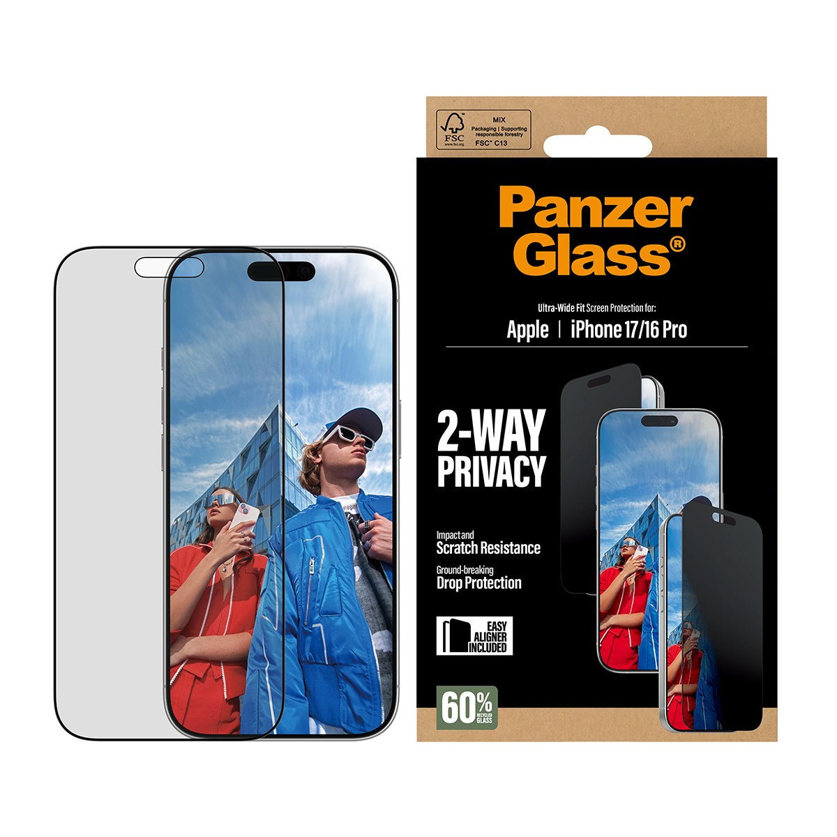 PanzerGlass® 2-Way Privacy Skærmbeskyttelse iPhone 17 | iPhone 16 Pro | Ultra-Wide Fit m. EasyAligner